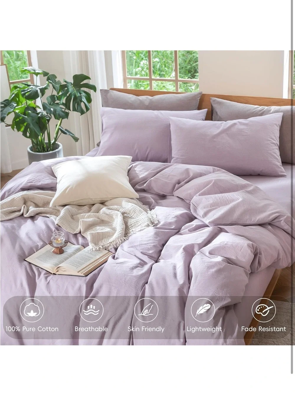 NEW MooMee 100% Washed Cotton, Linen-Like, Duvet Cover Set. Lavender